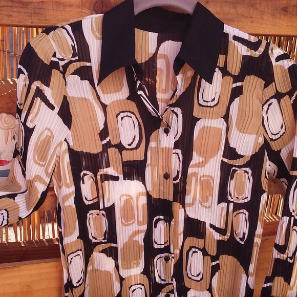 Vintage Y2K Pleated Blouse Sz-L Ringer Mod Print - Picture 2 of 10